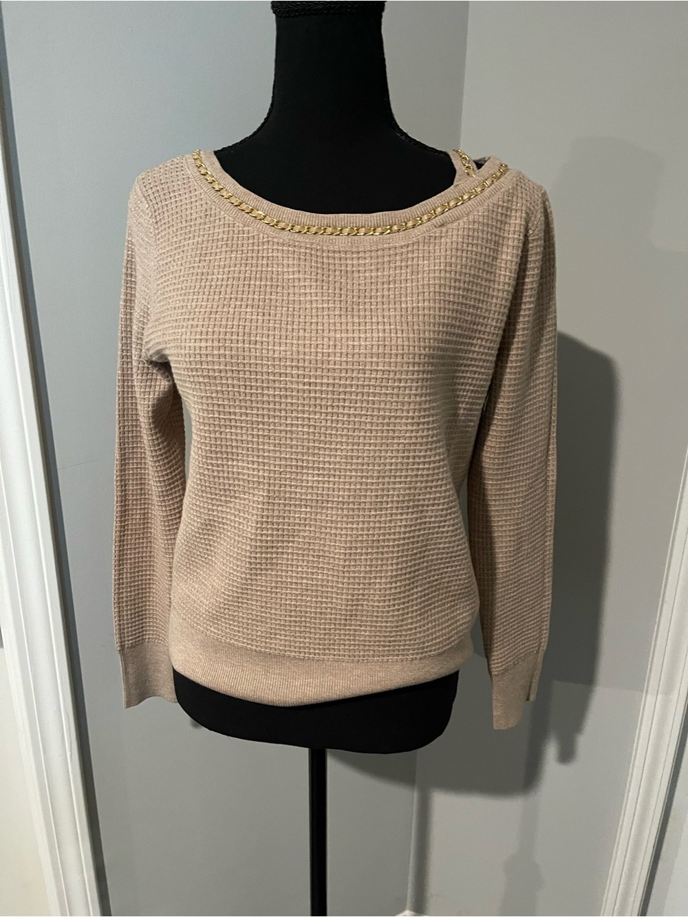 Waffle-Knit Crewneck Sweater with Gold Chain Trim - Beige
